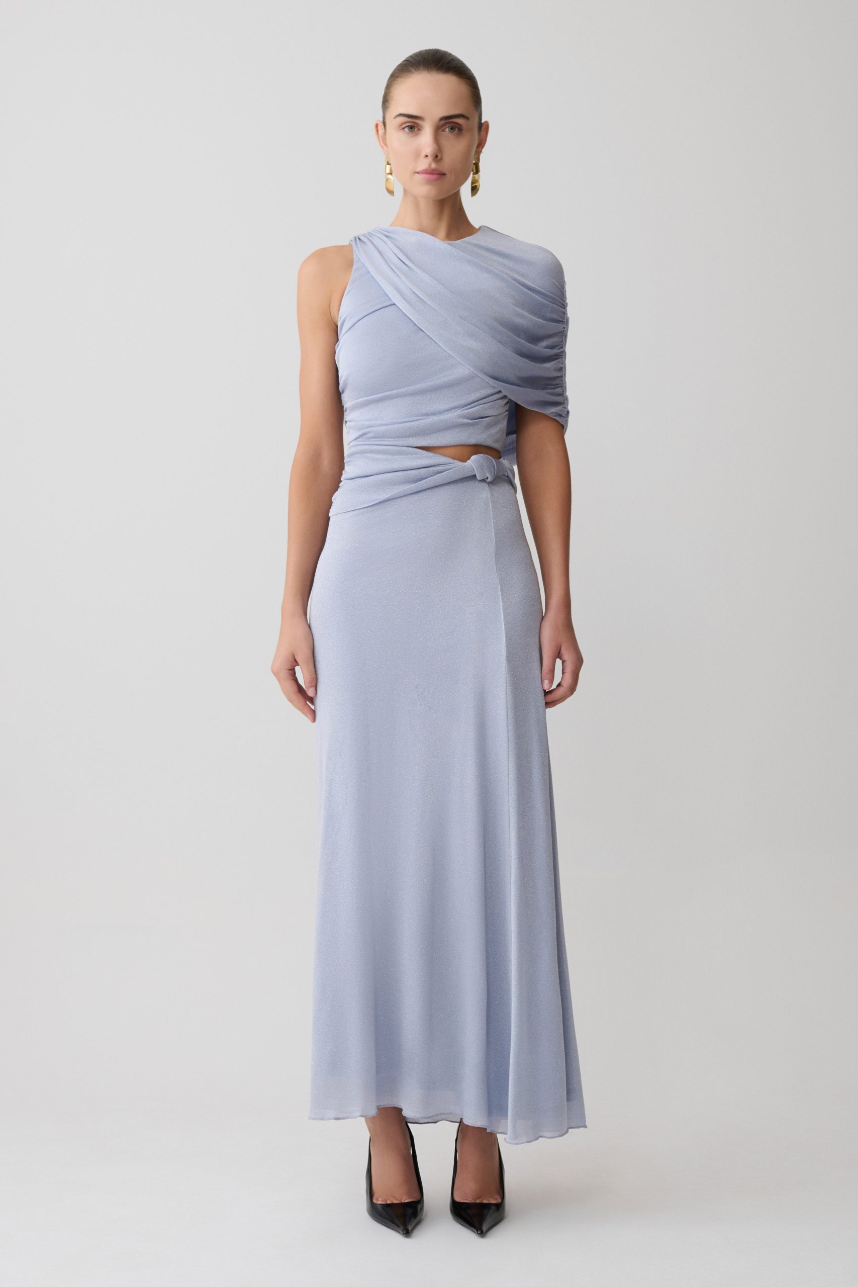Adrienne Lurex Knot Maxi Skirt - Pastel Blue