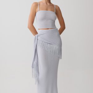 Jaytee Knit Maxi Skirt With Fringe Tie - Sky Blue