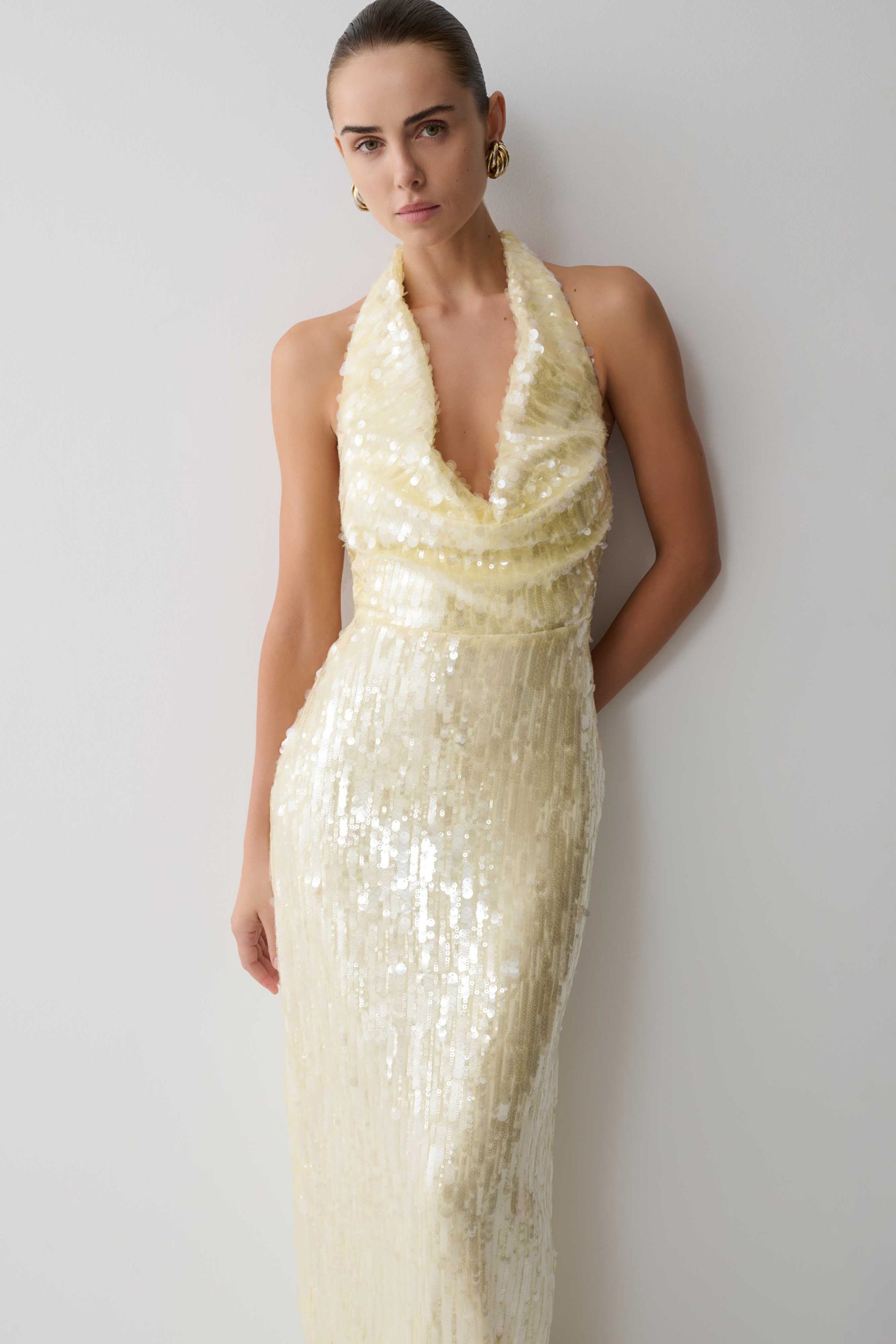 Gertrud Sequin Halter Maxi Dress - Lemon - Image 9