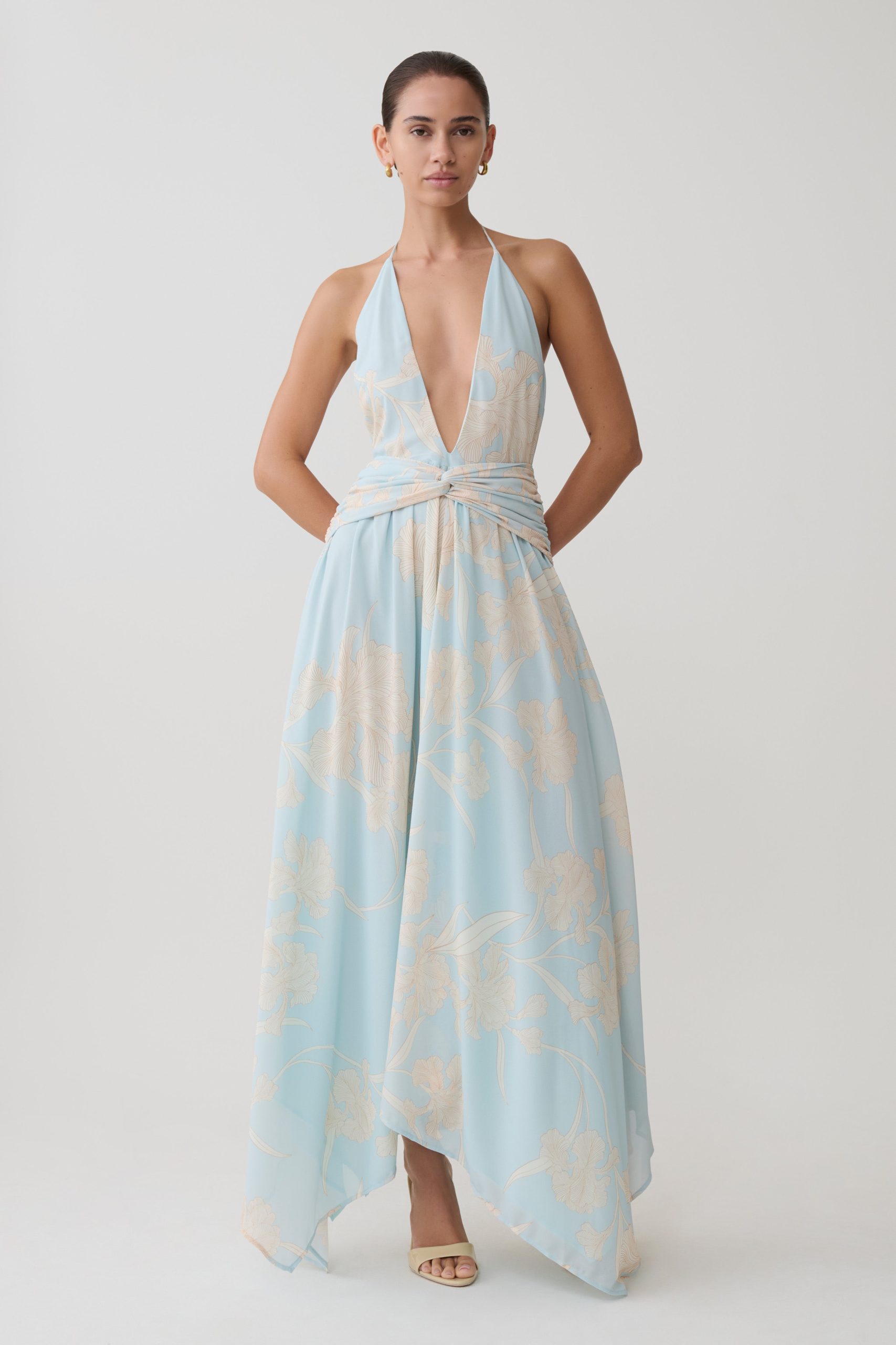 Cyra Plunge Chiffon Midi Dress - Blue Floral Print - Image 3