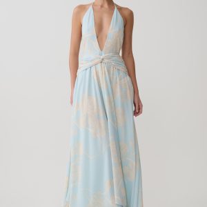 Cyra Plunge Chiffon Midi Dress - Blue Floral Print