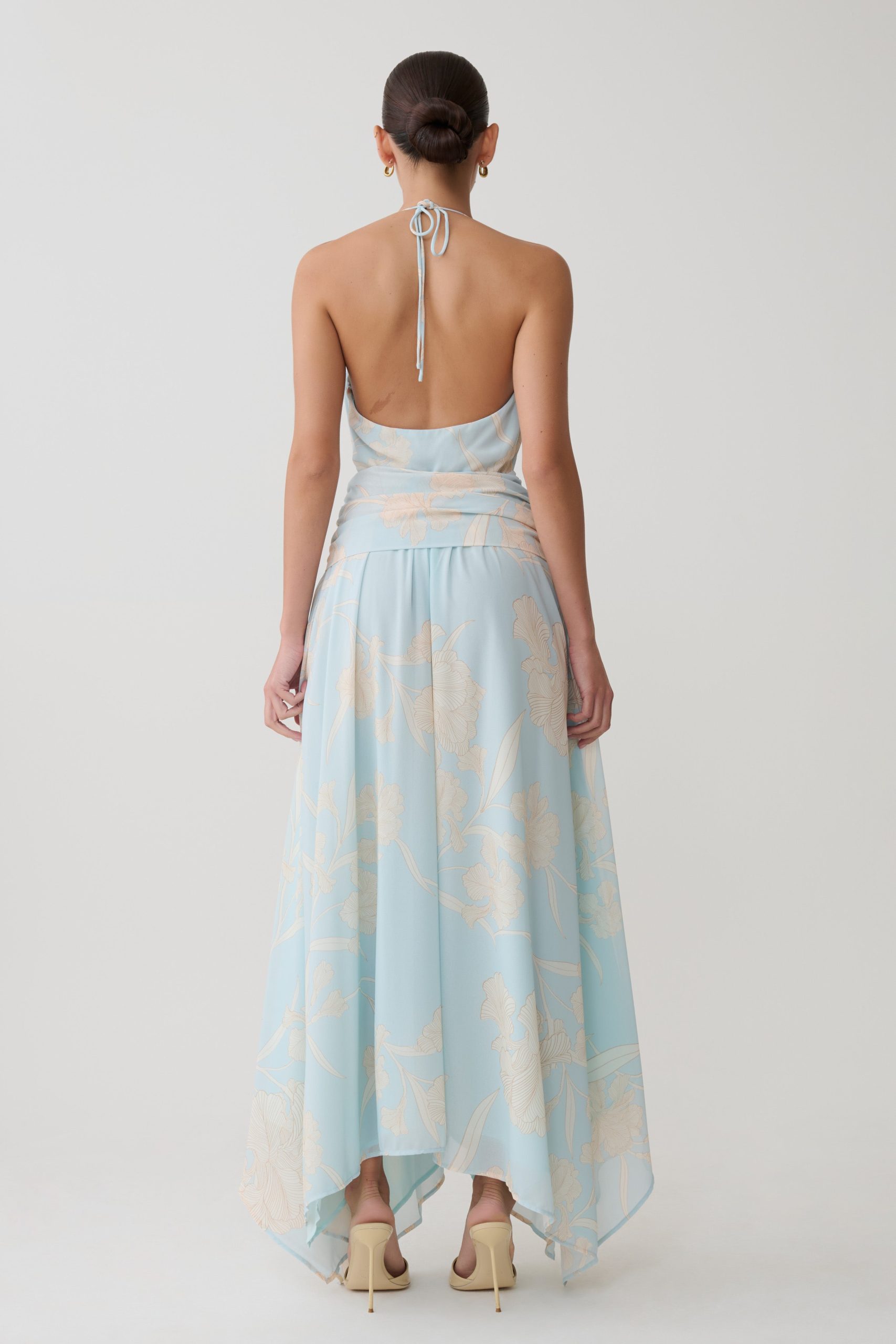 Cyra Plunge Chiffon Midi Dress - Blue Floral Print - Image 4