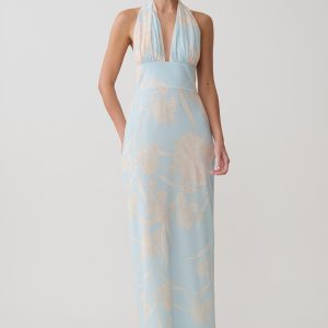 Nadine Halter Scarf Chiffon Maxi Dress - Blue Floral Print