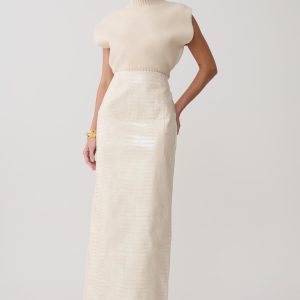 Thalia Croc Faux Leather Midi Skirt - Ivory