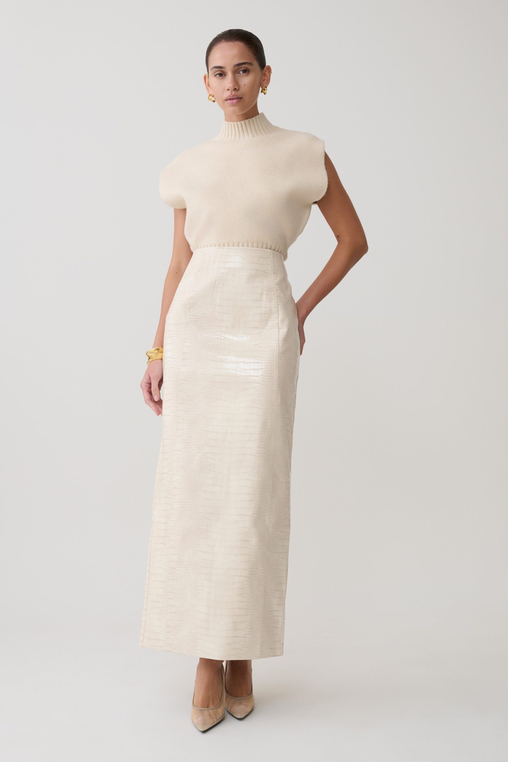 Thalia Croc Faux Leather Midi Skirt - Ivory