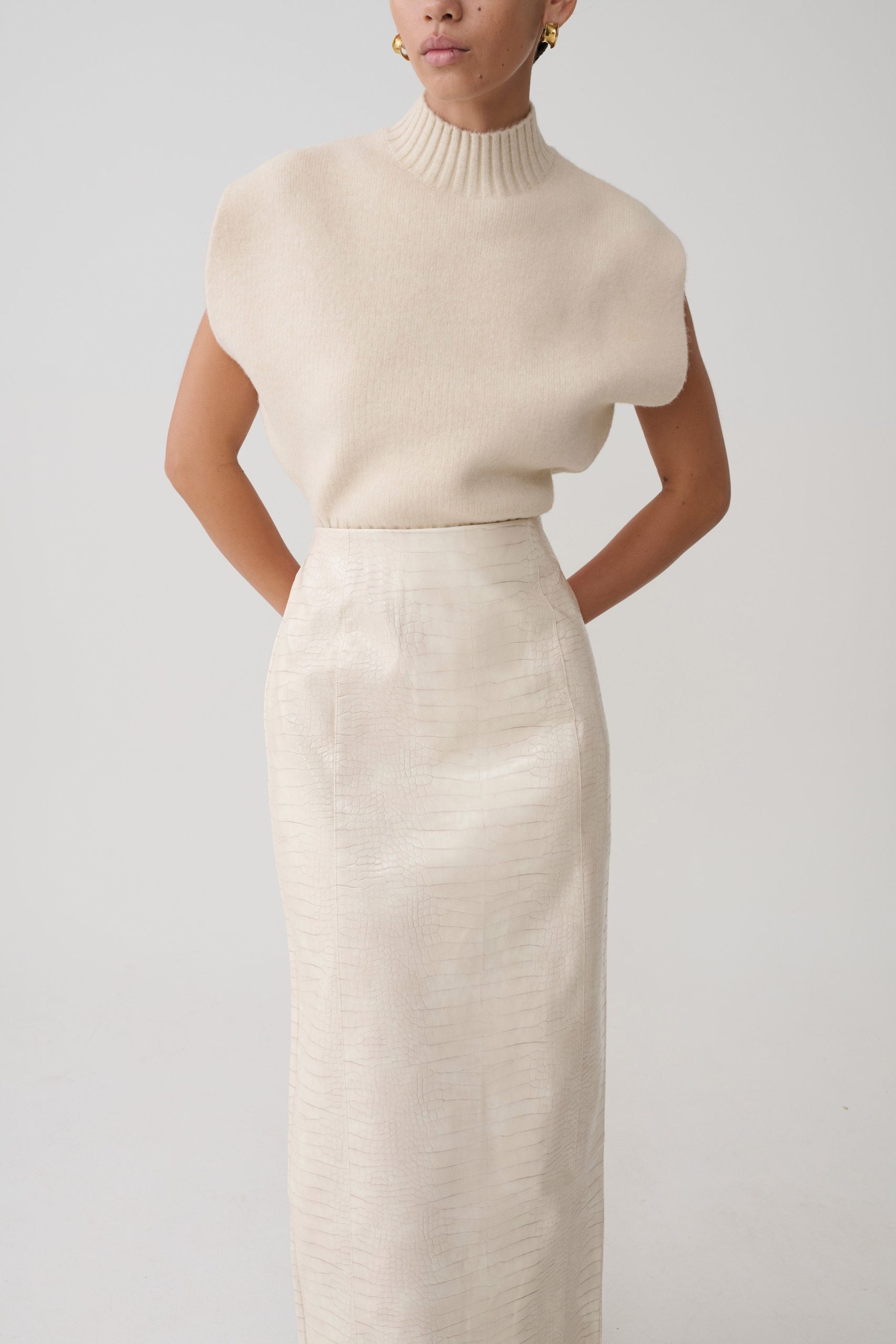 Thalia Croc Faux Leather Midi Skirt - Ivory - Image 8