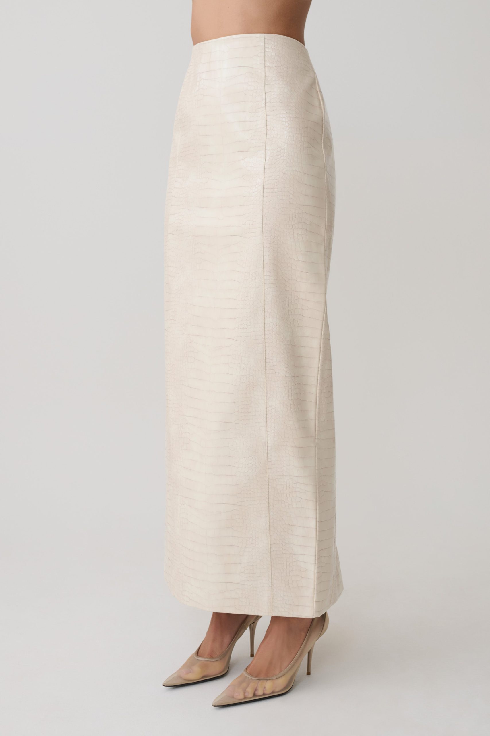 Thalia Croc Faux Leather Midi Skirt - Ivory - Image 5