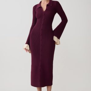 Amirose Ruffle Knit Midi Dress - Plum