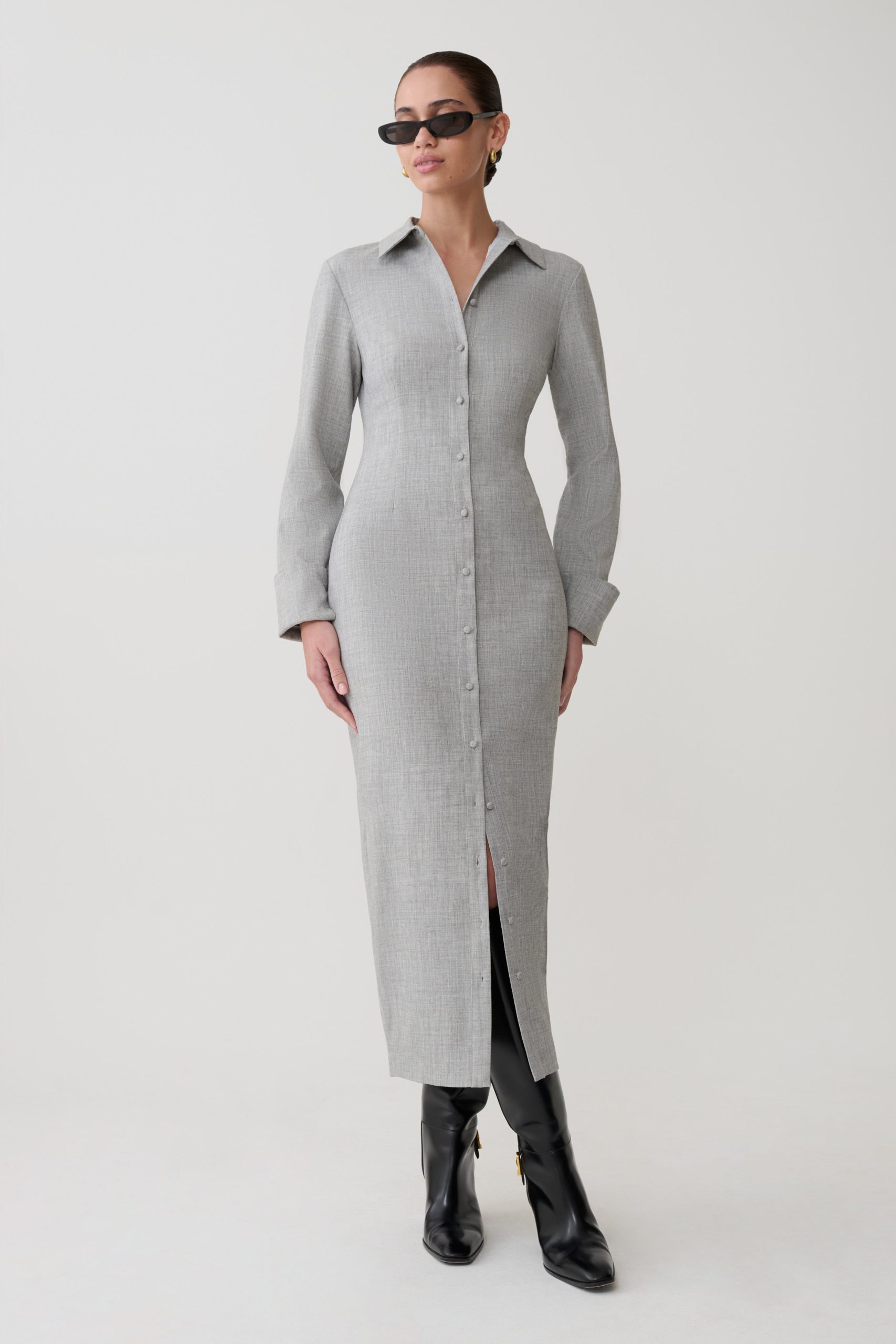 Dorian Fitted Shirt Midi Dress - Charcoal Marle - Image 4