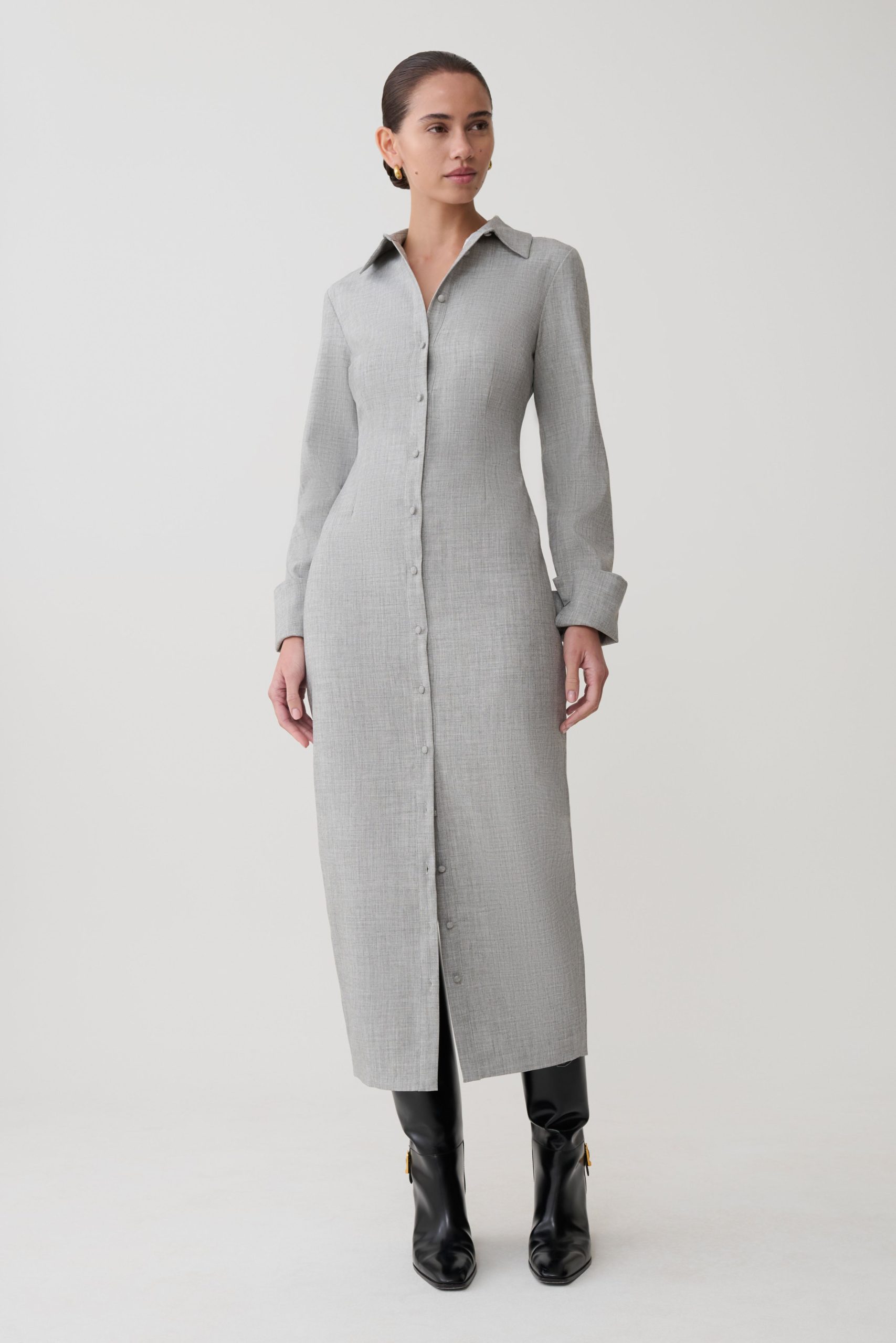 Dorian Fitted Shirt Midi Dress - Charcoal Marle