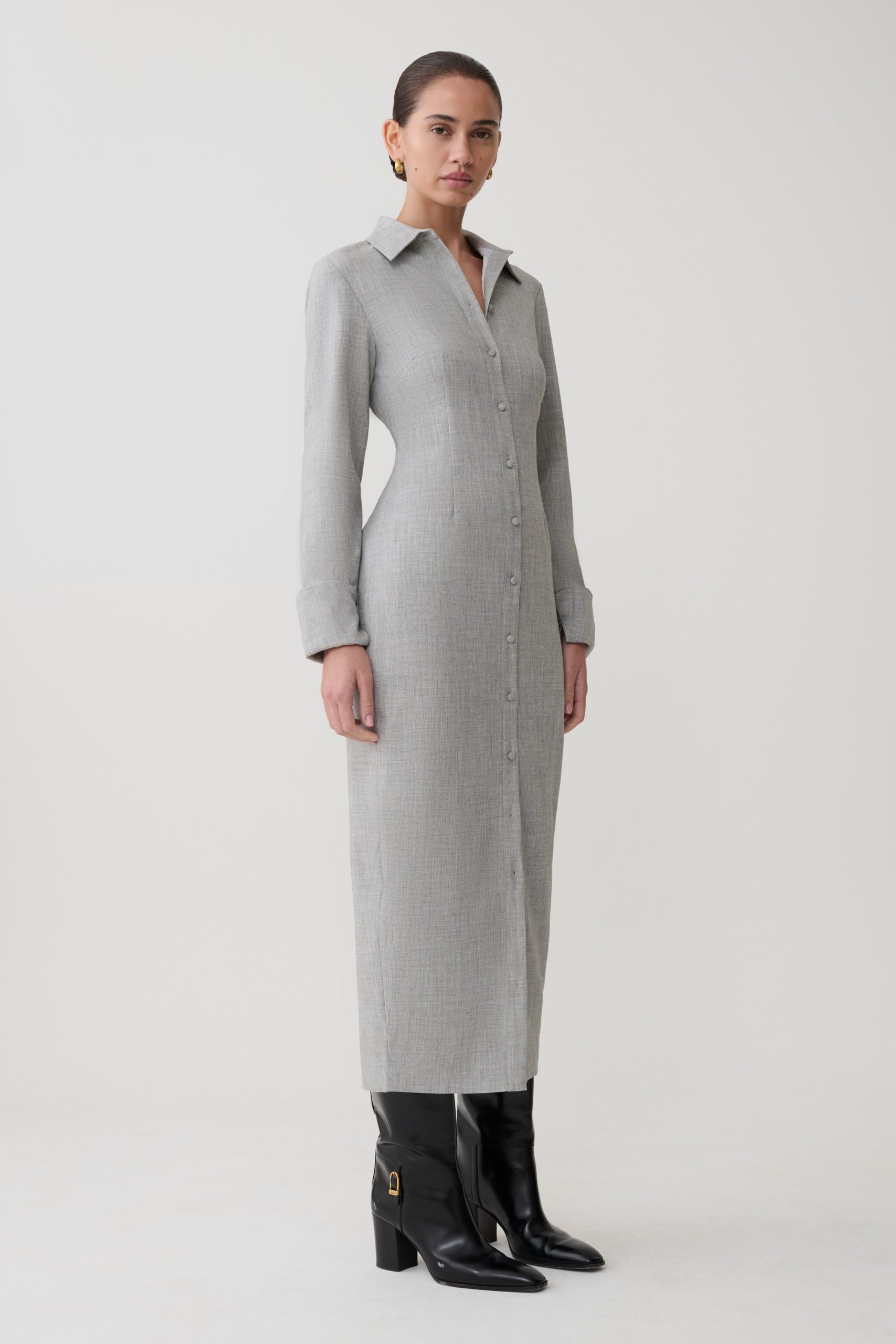Dorian Fitted Shirt Midi Dress - Charcoal Marle - Image 3