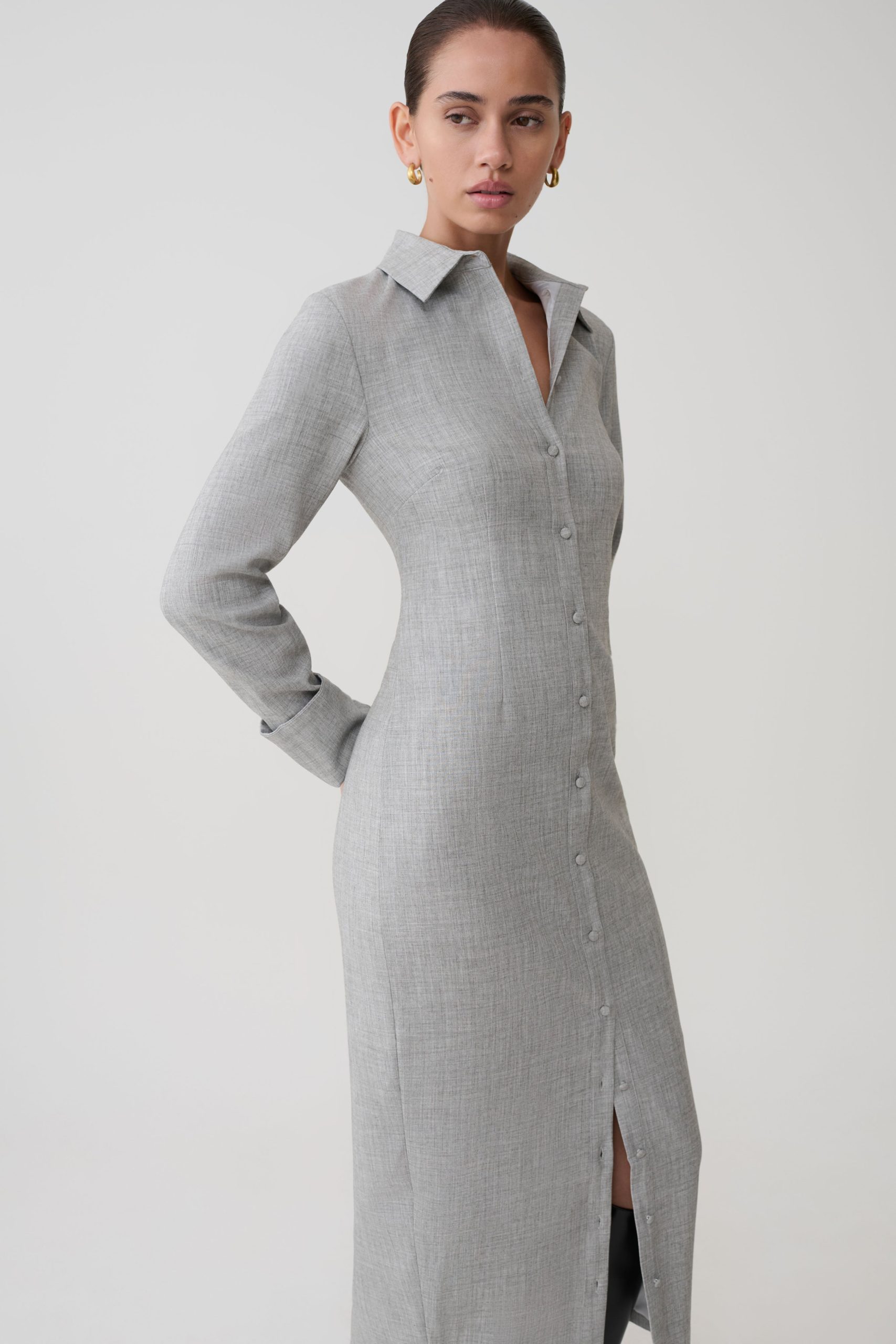Dorian Fitted Shirt Midi Dress - Charcoal Marle - Image 5