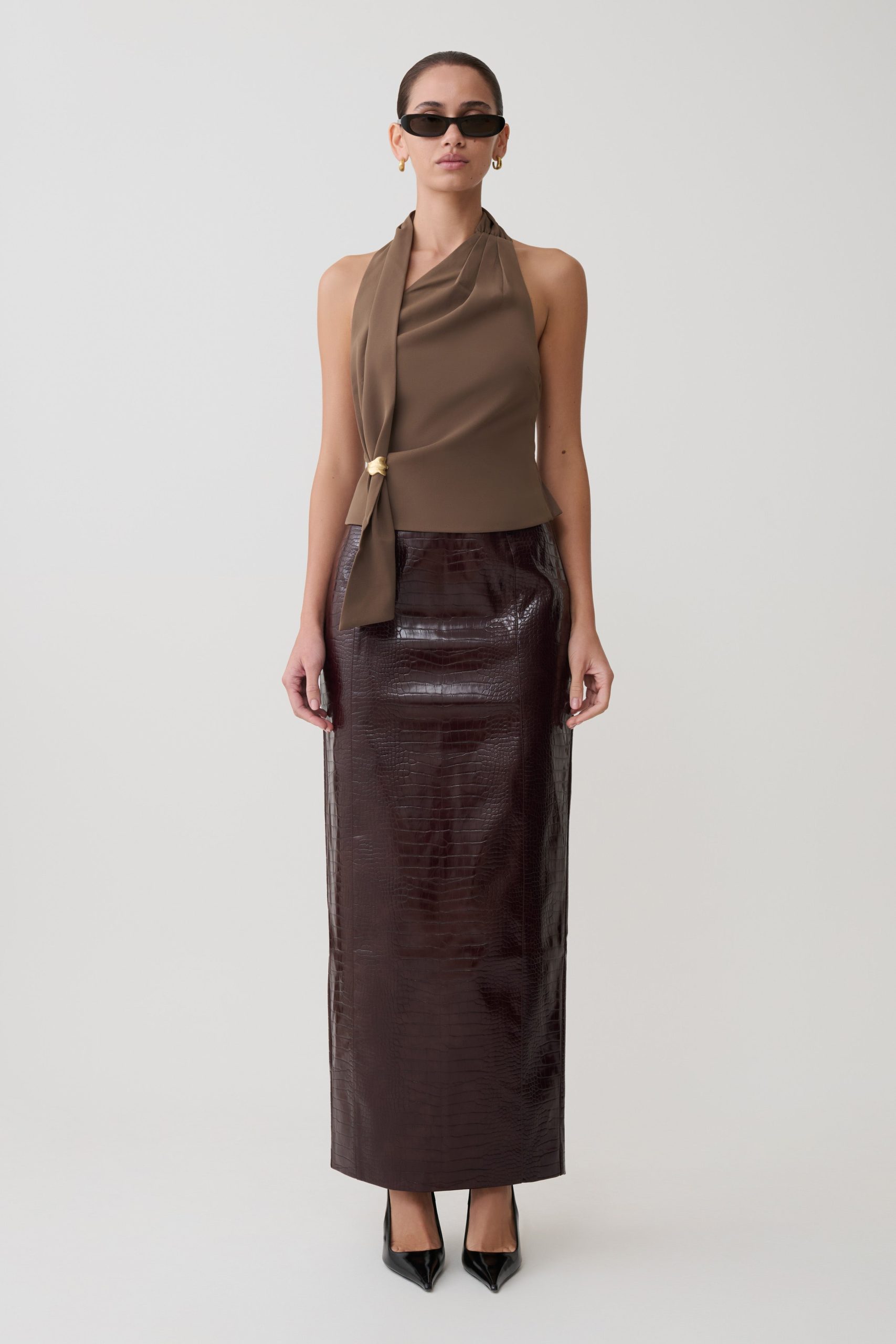 Marina Halter Top With Hardware - Cacao Brown