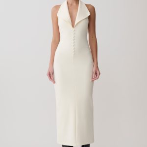 Annita Crepe Halter Midi Dress - Ivory