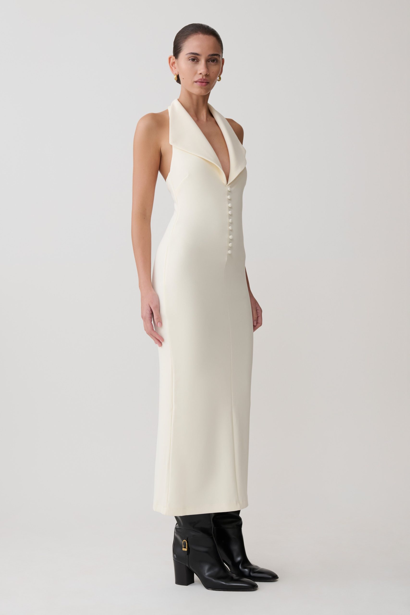 Annita Crepe Halter Midi Dress - Ivory - Image 2