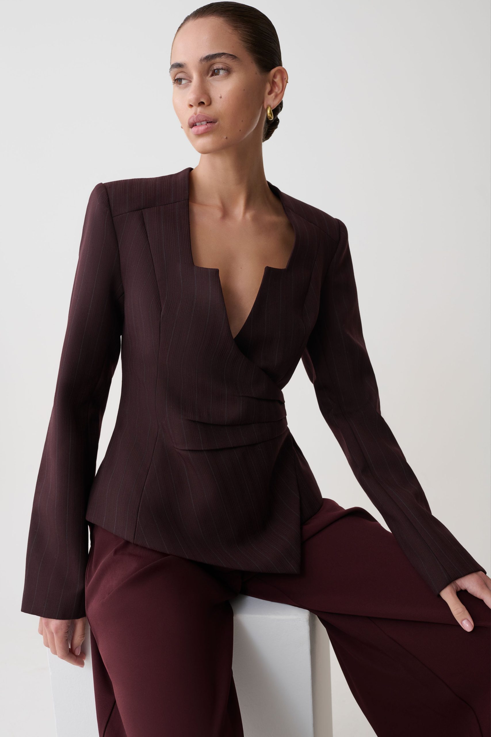 Agatha Square Neck Blazer - Plum Pinstripe - Image 7
