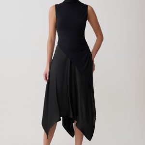 Coralie Asymmetric Satin Midi Skirt - Black