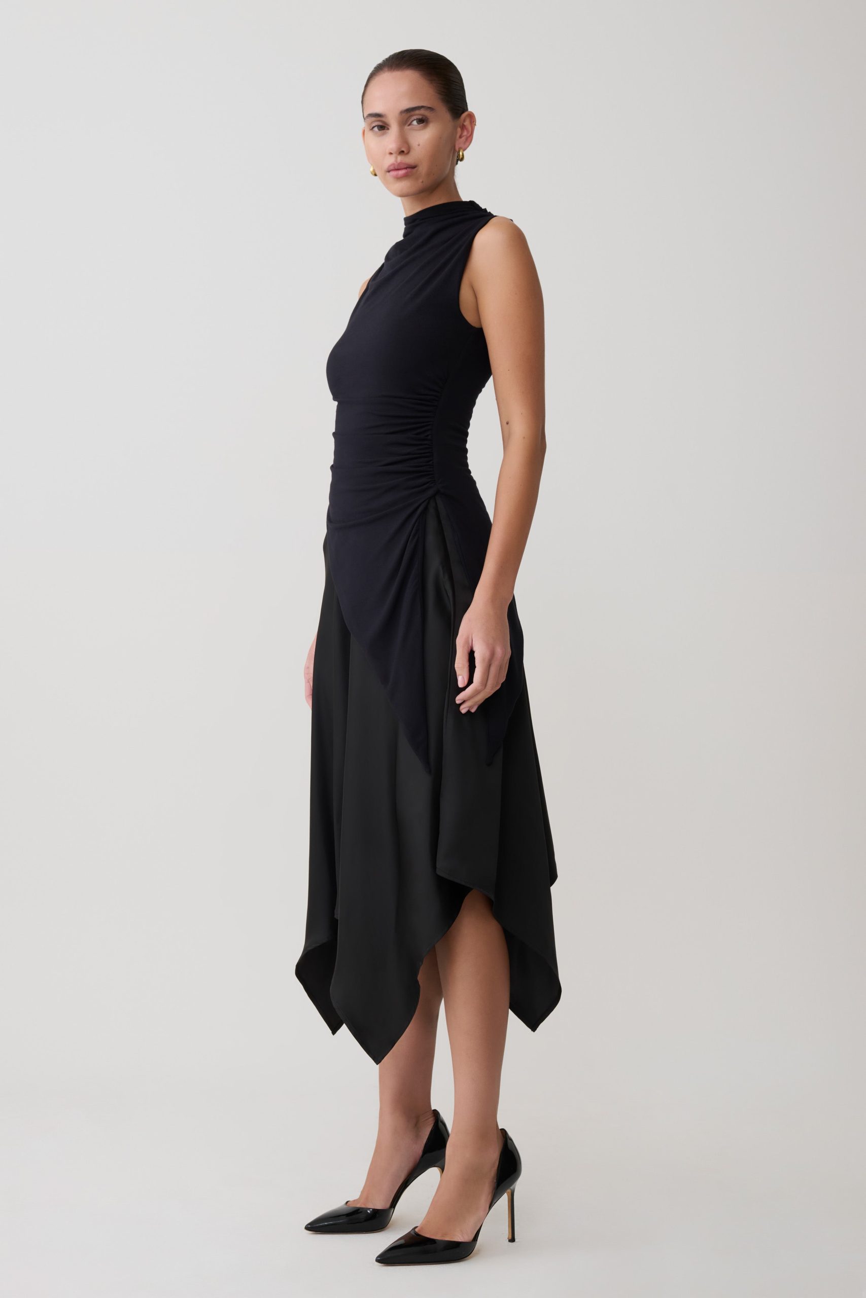 Coralie Asymmetric Satin Midi Skirt - Black - Image 3
