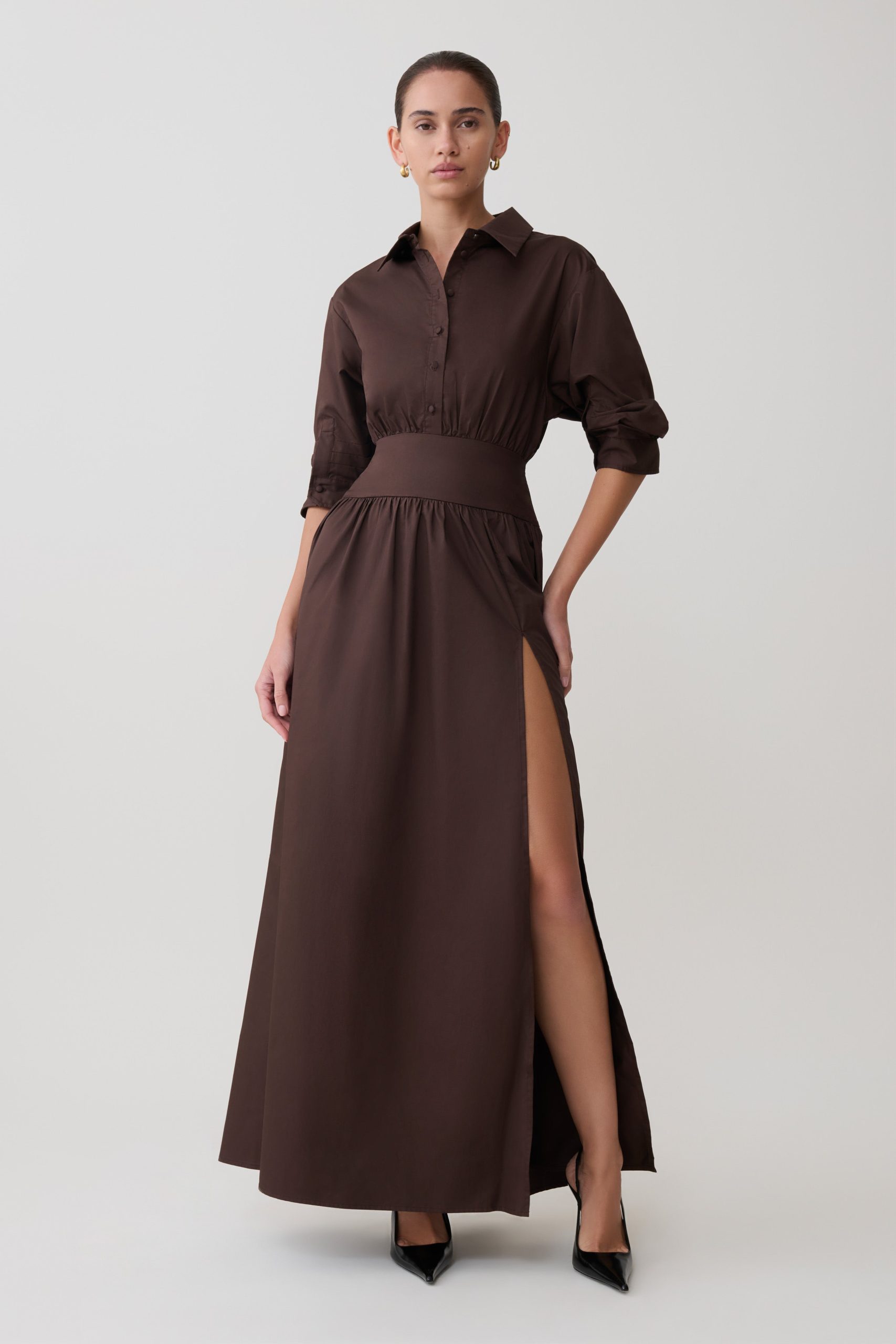 Isolde Long Sleeve Cotton Maxi Dress - Dark Chocolate - Image 2