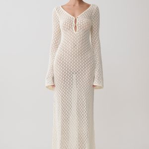 Kayleigh Crochet Fishtail Flare Sleeve Maxi Dress - White
