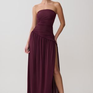 Bex Strapless Slinky Maxi Dress With Split - Burgundy