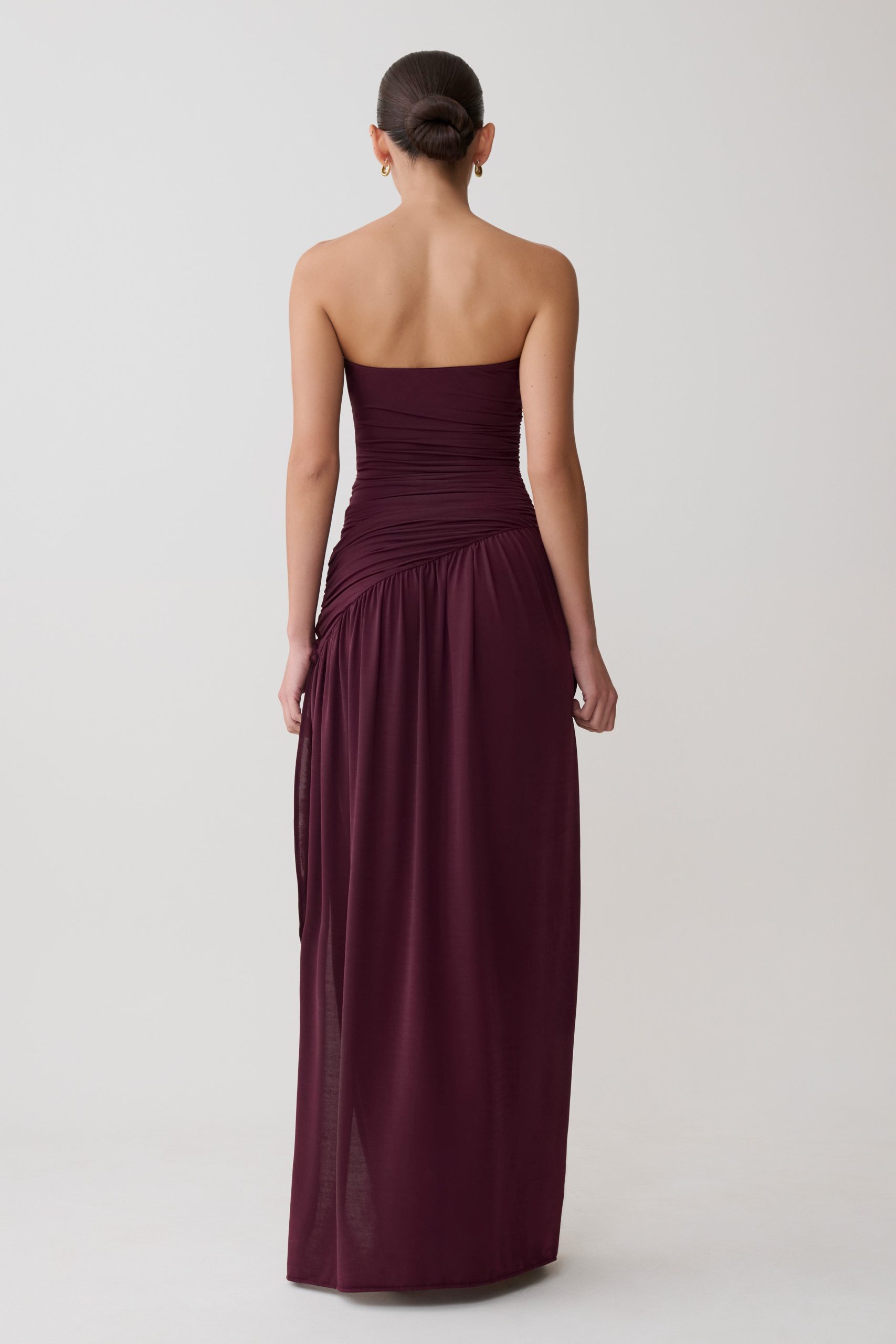Bex Strapless Slinky Maxi Dress With Split - Burgundy - Image 2