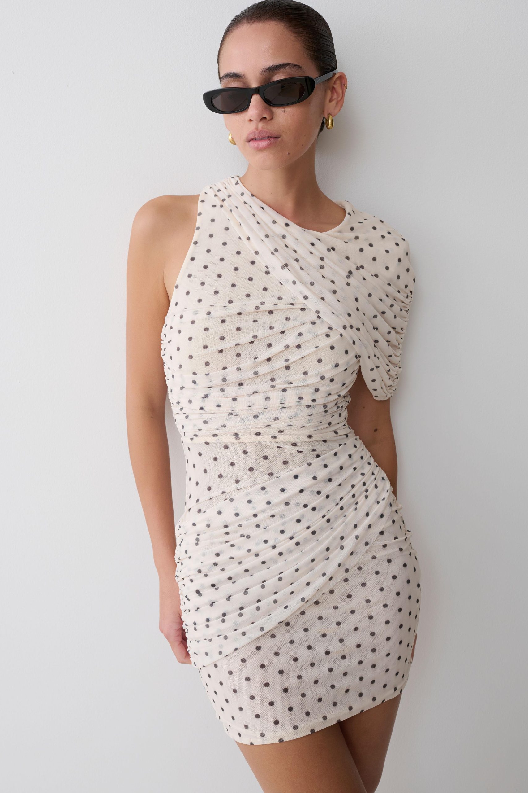 Adrienne One Shoulder Mesh Mini Dress - Polka Dot - Image 5