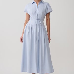 Aysha Buttoned Linen Midi Dress - Cornflower Blue