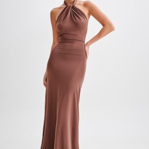 Elyna Slinky Halter Maxi Dress - Chocolate
