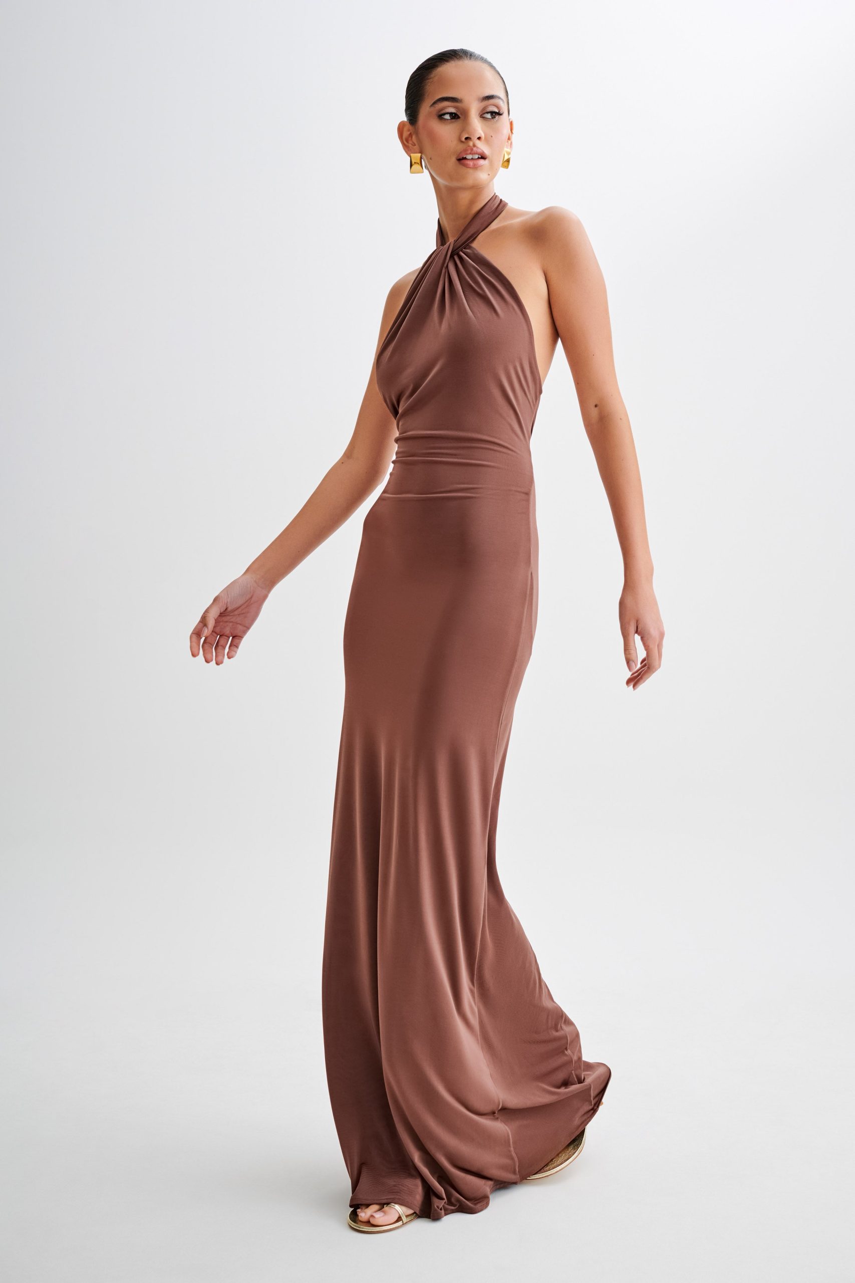 Elyna Slinky Halter Maxi Dress - Chocolate - Image 4