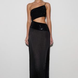 Athena One Shoulder Diamante Maxi Dress - Black