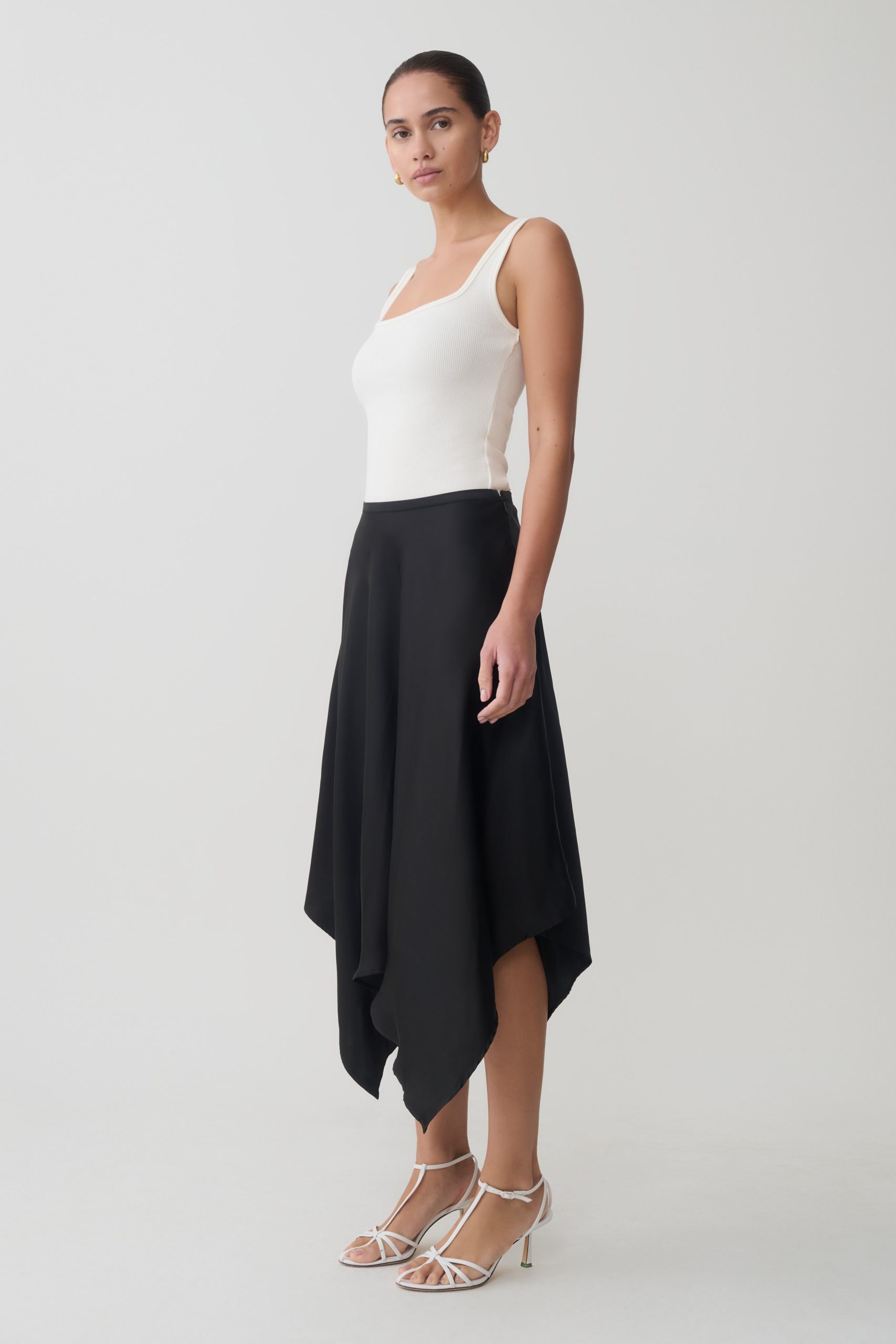 Coralie Asymmetric Satin Midi Skirt - Black - Image 8