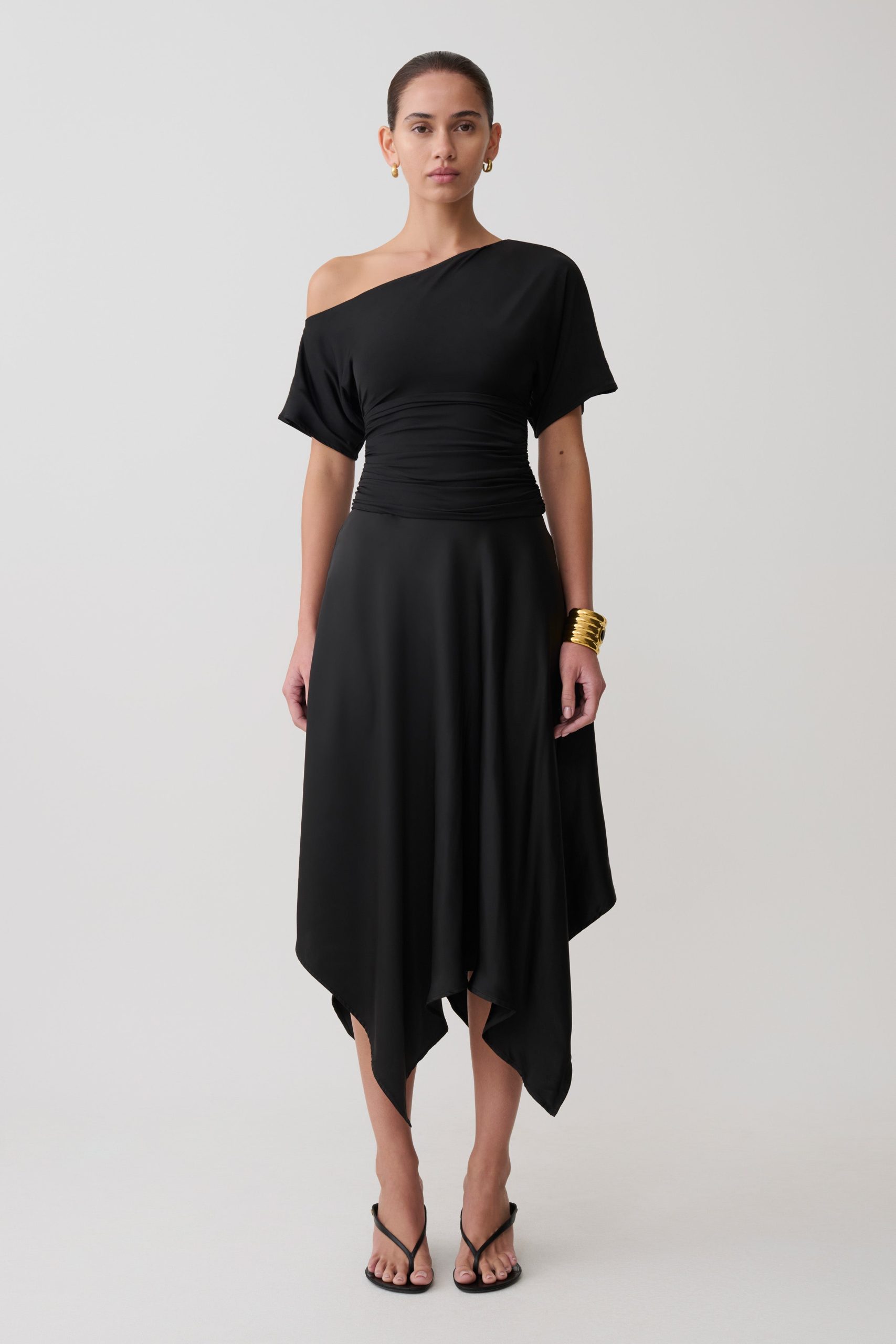 Coralie Asymmetric Satin Midi Skirt - Black - Image 6