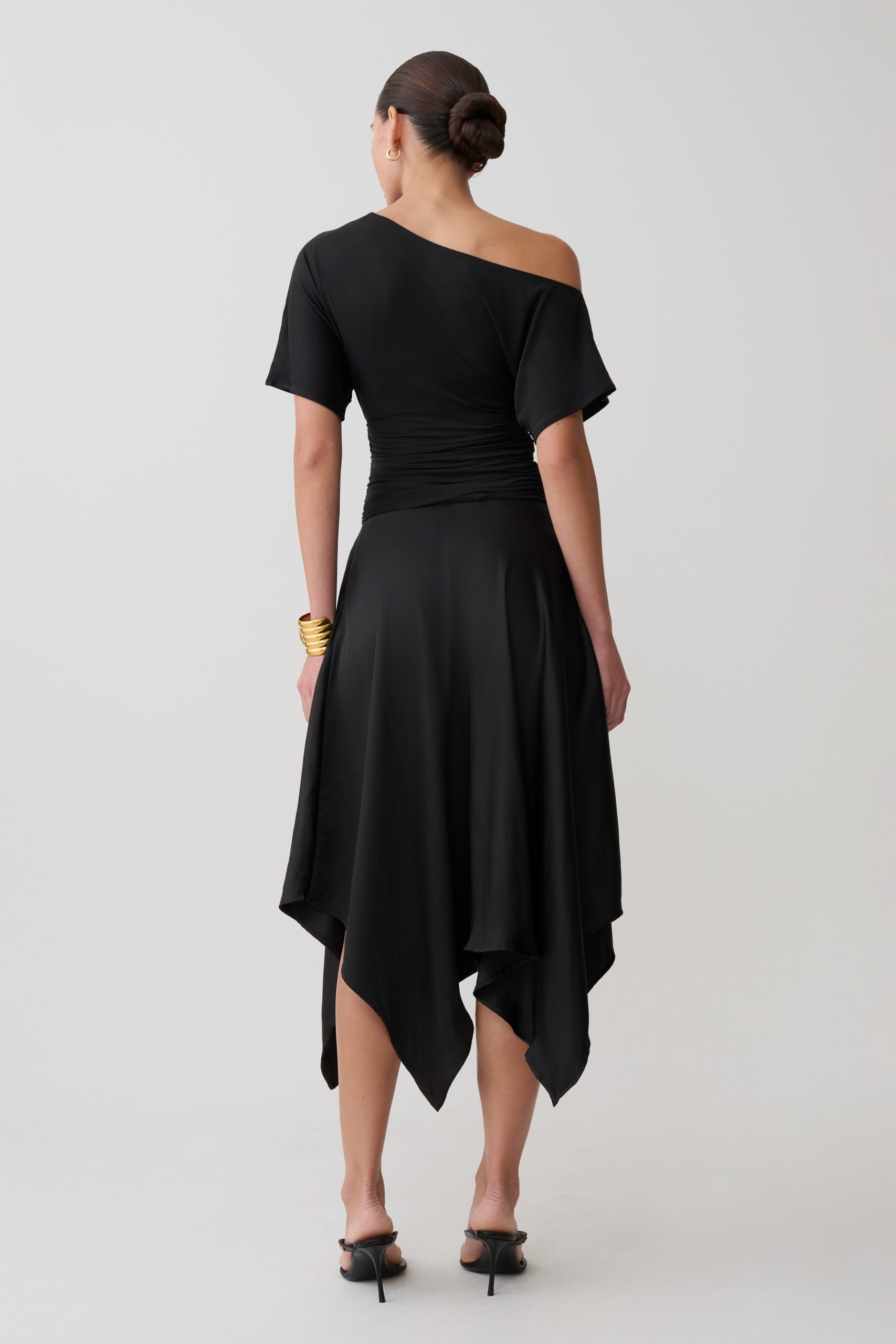 Coralie Asymmetric Satin Midi Skirt - Black - Image 9