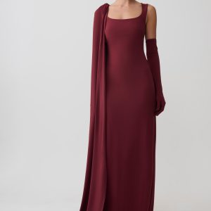 Rhea Detachable Cape Jersey Maxi Dress - Wine