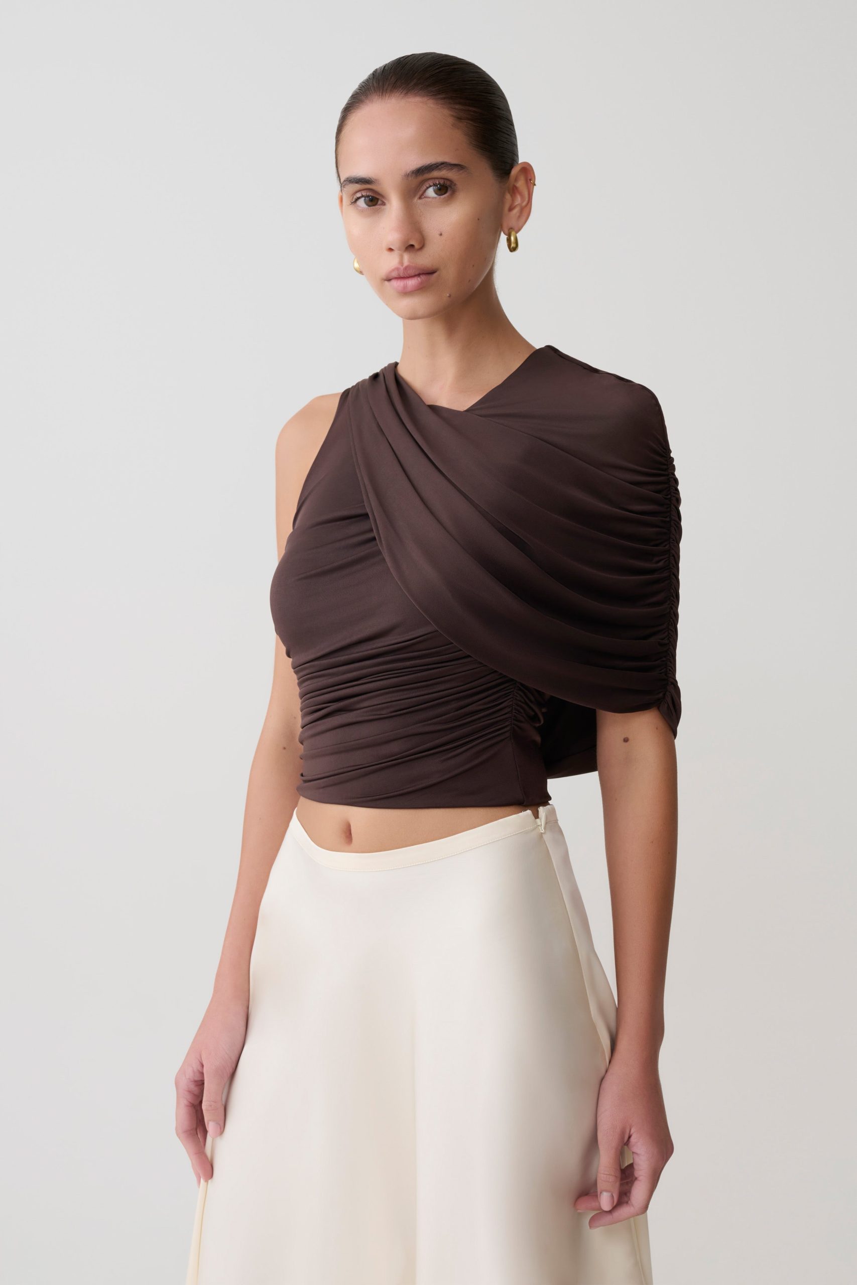 Adrienne One Shoulder Slinky Top - Chocolate - Image 2