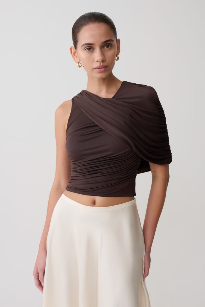 Adrienne One Shoulder Slinky Top - Chocolate