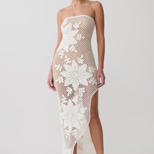Mandie Hand Crochet Asymmetrical Maxi Dress - White