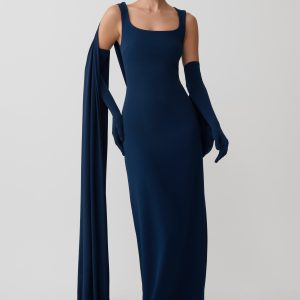 Rhea Detachable Cape Jersey Maxi Dress - Navy