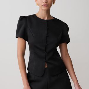 Anne Short Sleeve Satin Top - Black