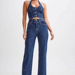 Janine High Waisted Straight Leg Jeans - Dark Blue