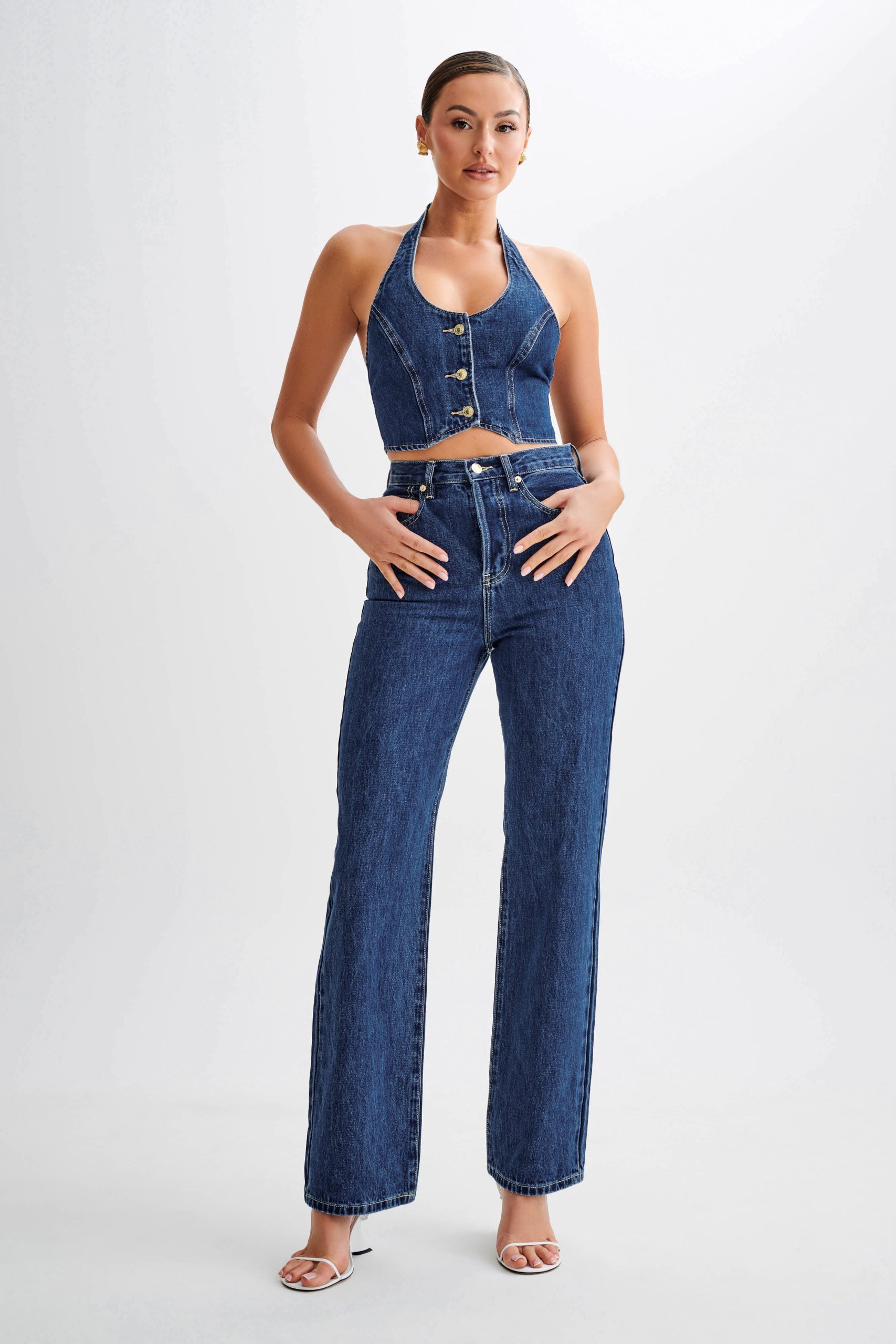 Janine High Waisted Straight Leg Jeans - Dark Blue - Image 5