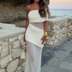 Dallas One Shoulder Mesh Maxi Dress - Ivory