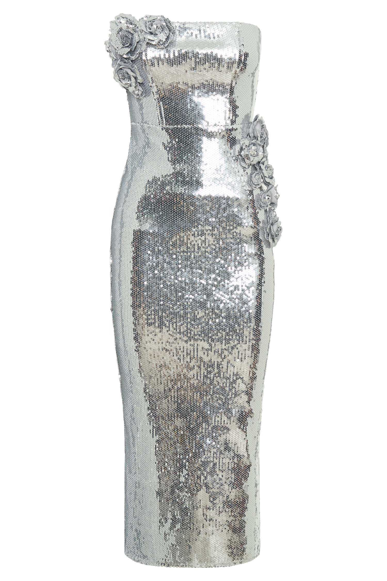 Cassia Strapless Sequin Rose Midi Dress - Silver - Image 7