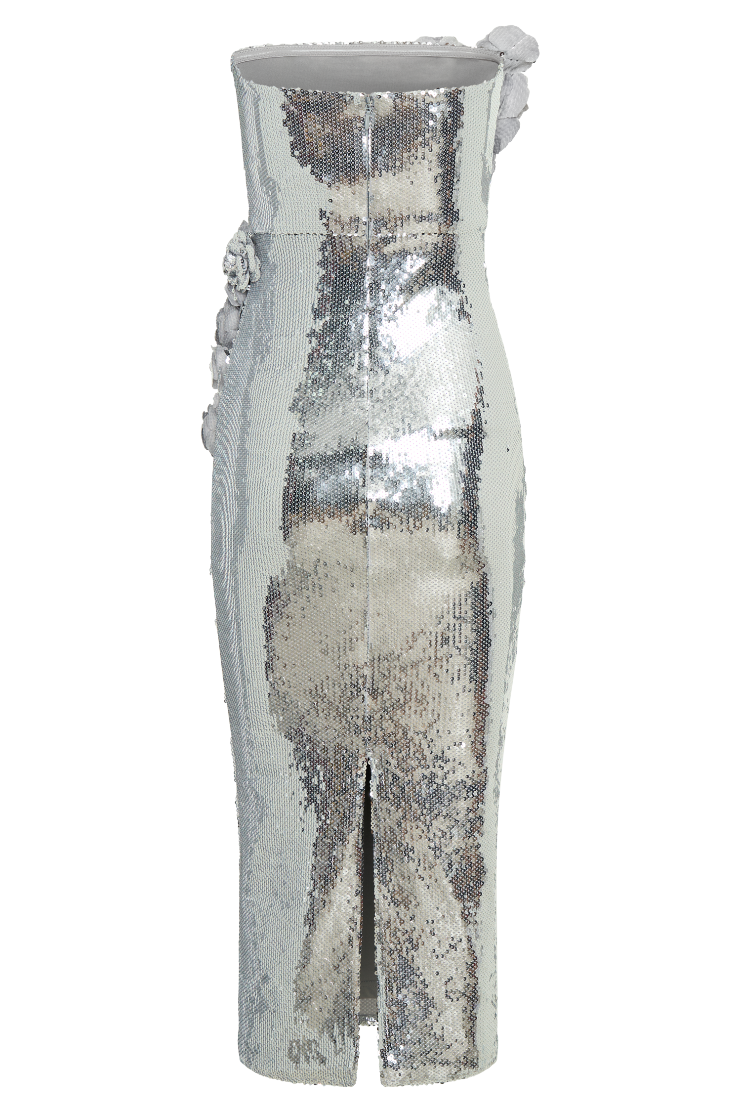 Cassia Strapless Sequin Rose Midi Dress - Silver - Image 6