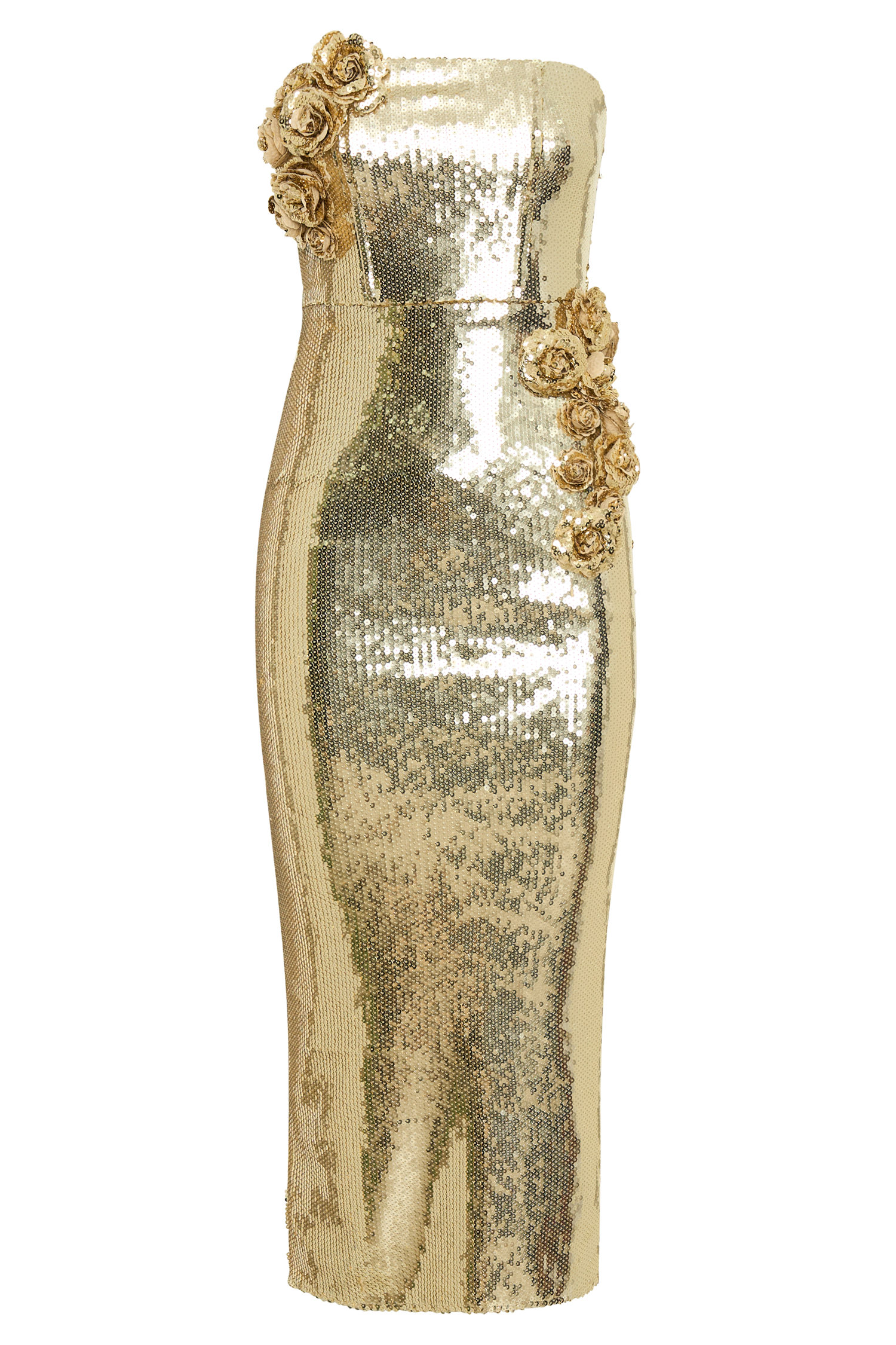 Cassia Strapless Sequin Rose Midi Dress - Gold - Image 12