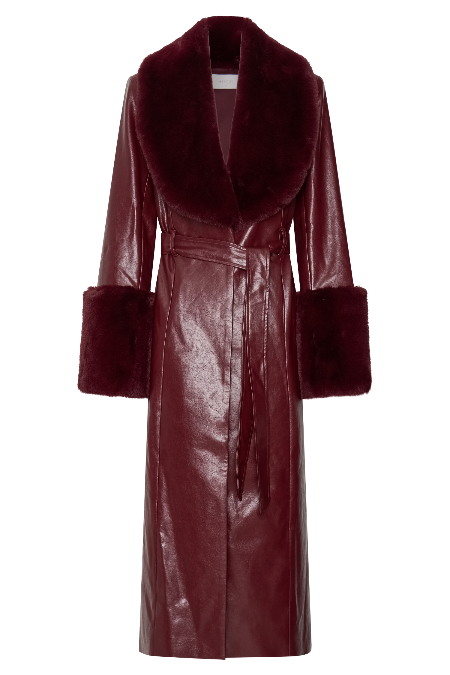 Bec Faux Leather Trench Coat With Faux Fur - Cherry Red - Image 8
