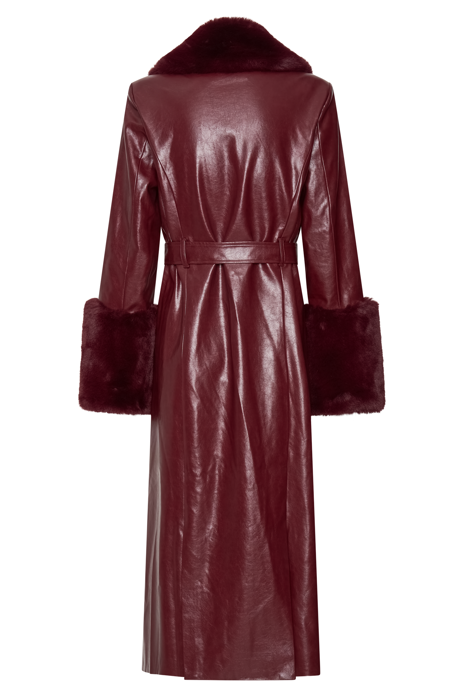 Bec Faux Leather Trench Coat With Faux Fur - Cherry Red - Image 7