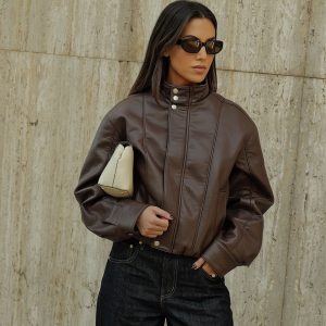 Curtis Faux Leather Bomber Jacket - Dark Chocolate
