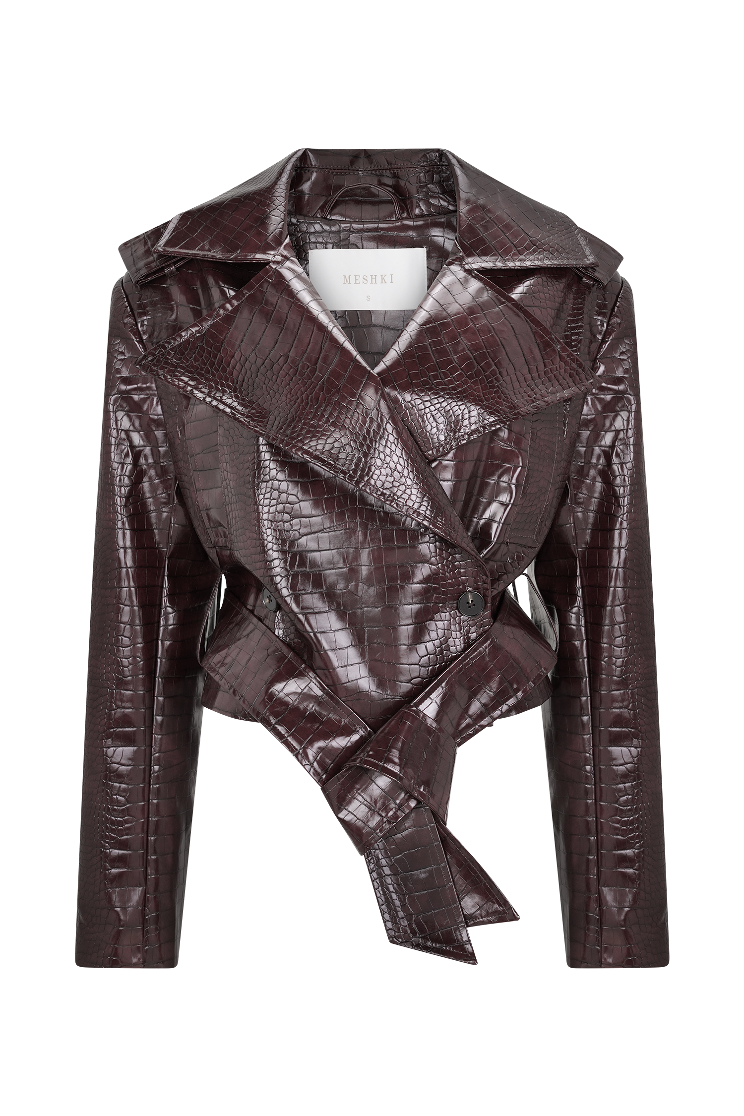 Archie Croc Faux Leather Cropped Jacket - Burgundy - Image 11